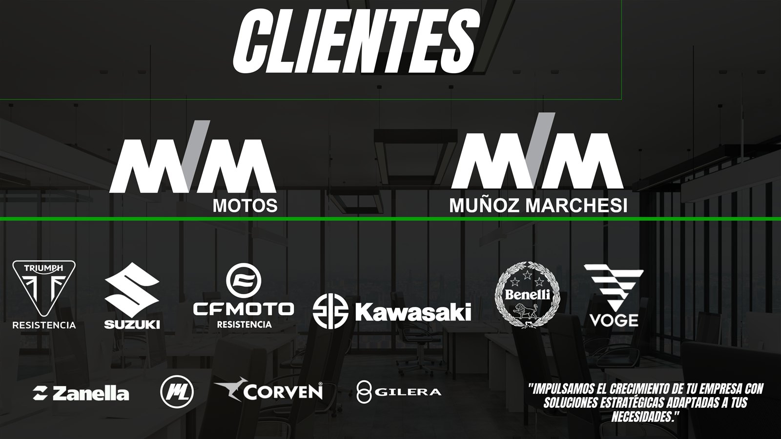 Clientes de CREATIVA: MM Motos, Mu&ntilde;oz Marchesi, Triumph, Suzuki, CFMoto, Kawasaki, Benelli, Voge, Zanella, Corven y Gilera
